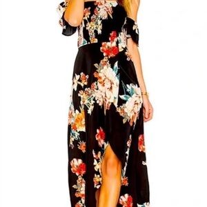 NWT Band of Gypsies Black Floral Off Shoulder Maxi Dress Boho High Low